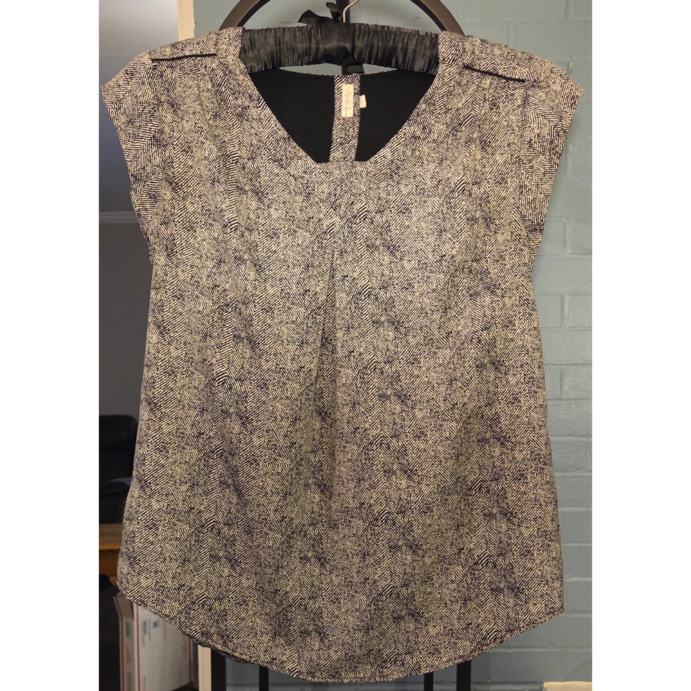 Antilia Femme Blouse V-Neck Cap Sleeve Tunic‎ Top Black White Print Size M
